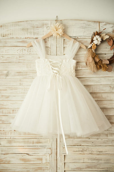 Boho Beach Ivory Tulle Beaded Wedding Flower Girl Dress