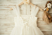 Boho Beach Ivory Tulle Beaded Wedding Flower Girl Dress