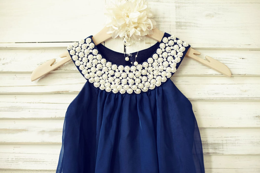 Boho Beach Navy Blue Chiffon Flower Girl Dress with Pearl 