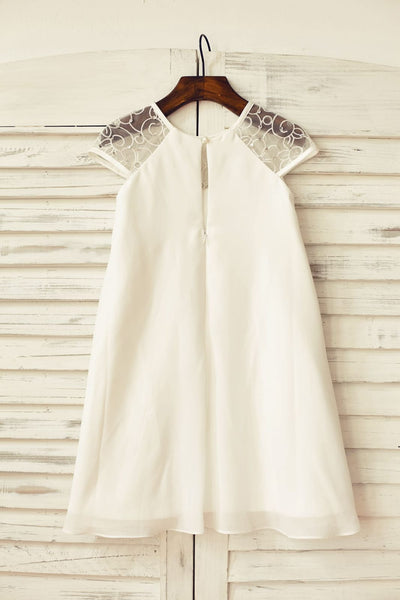 Sheer Neck Ivory Chiffon Flower Girl Dress