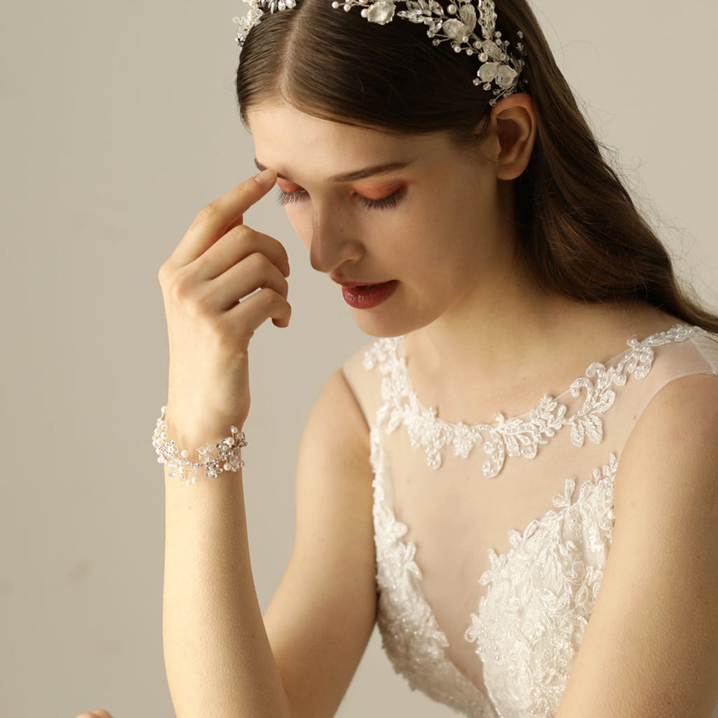 Bridal Pearl Flower Bracelet Trendy Crystal Vintage Silver 