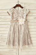 Коричневое атласное кружевное платье цвета слоновой кости с короткими рукавами для девочек-цветочниц
