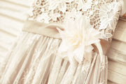 Brown Satin Ivory Lace Short Sleeve Flower Girl Dress