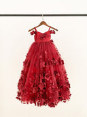 Бордовое 3D кружевное платье с цветочным принтом и открытыми плечами, свадебное платье для девочек-цветочниц