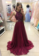 Burgundy Chiffon Floor Length Sweep A-Line Sleeveless Prom Dress, Beaded