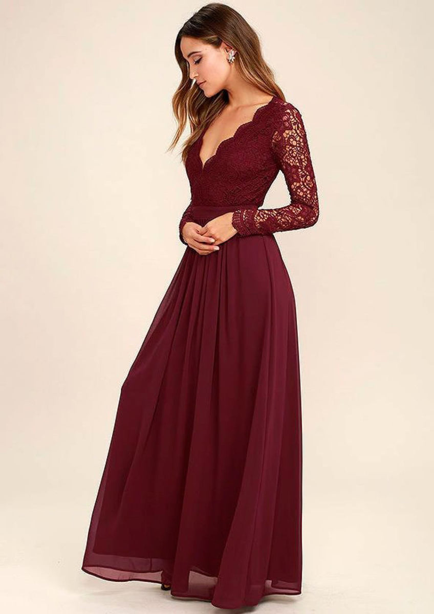 Flounce Neckline Long Backless Prom Dress, Chiffon Burgundy Bridesmaid Dress