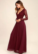 Burgunderfarbenes Chiffon-Kleid mit langen Spitzenärmeln und rückenfreiem Hochzeitskleid