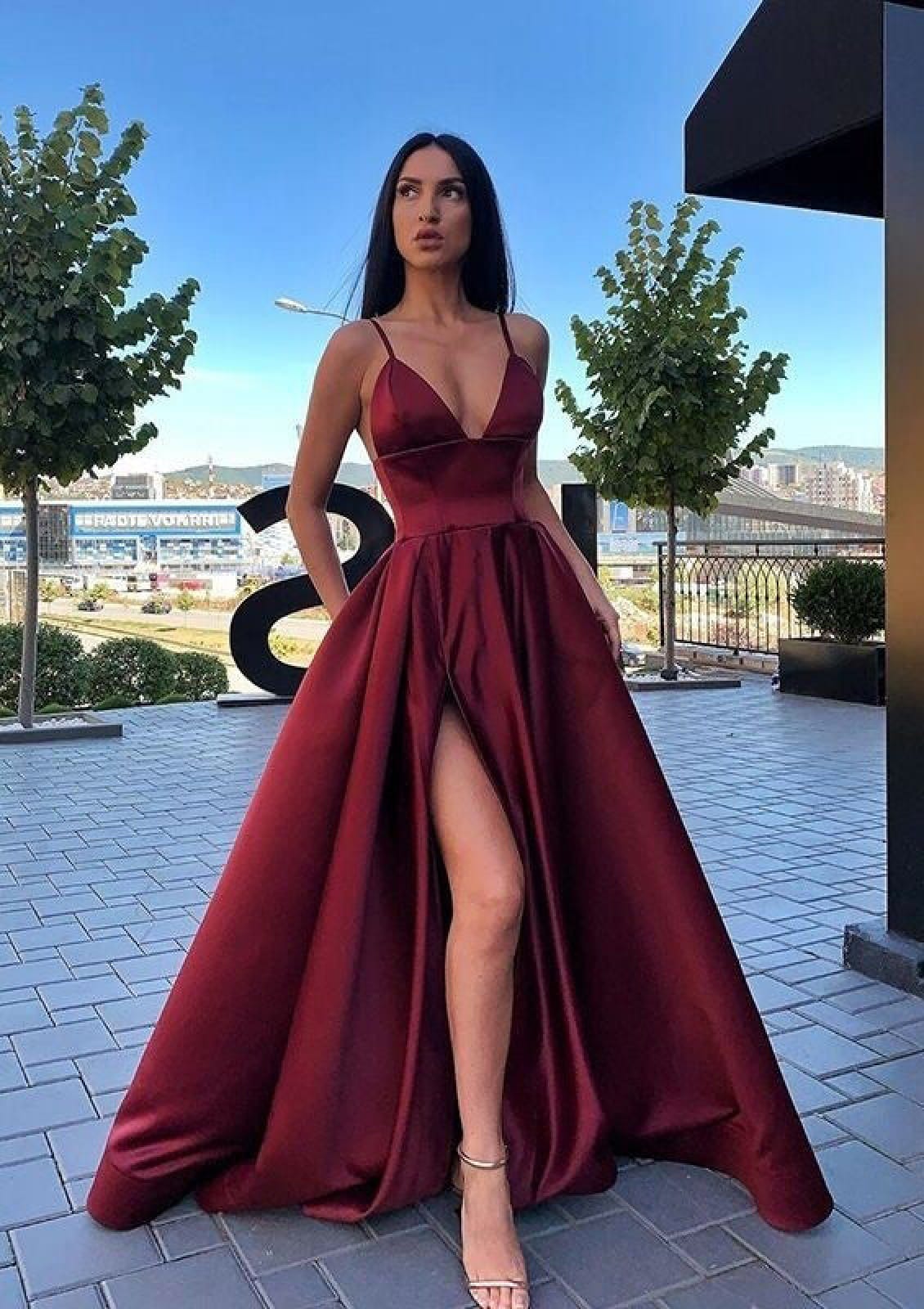 Burgundy Satin Spaghetti Strap V Neck Sweep Train Split Prom Dress -  Princessly