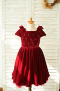 Бордовый бархатный корсет с короткими рукавами и свадебным платьем для девочек-цветочниц