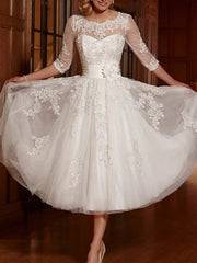 Bridal Duche A-Line vestido de casamento Comprimento do chá 3/4 manga Lace 2023 Vestido de noiva