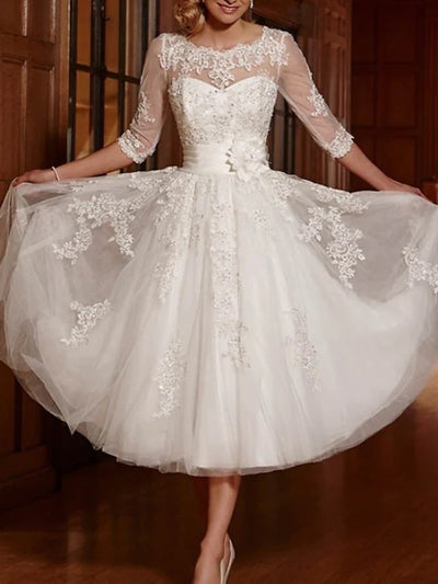 Robe de mariée trapèze en dentelle, longueur thé, manches 3/4, robe de mariée, 2024