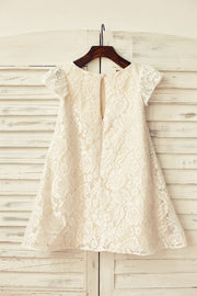 Cap Sleeve Ivory Lace Champagne Lining Flower Girl Dress