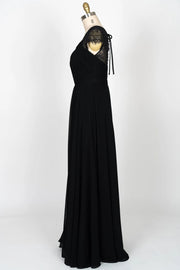 Cap Sleeve Keyhole Gathered Black Chiffon Lace Bridesmaid 