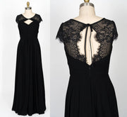 Cap Sleeve Keyhole Gathered Black Chiffon Lace Bridesmaid 