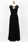 Cap Sleeve Keyhole Gathered Black Chiffon Lace Bridesmaid Dress