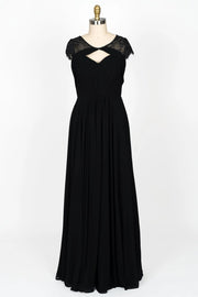 Cap Sleeve Keyhole Gathered Black Chiffon Lace Bridesmaid 