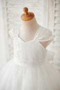 Vestido de casamento florista mangas curtas marfim renda tule, laço grande