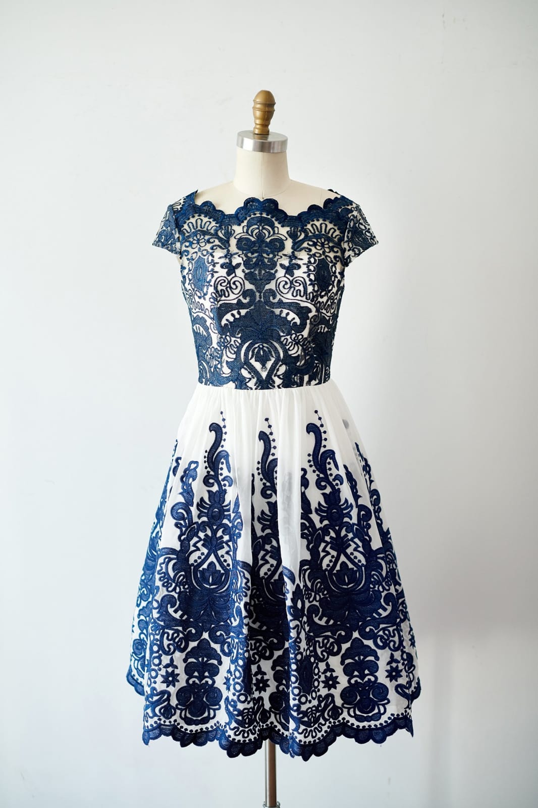 Cap Sleeves Navy Blue Lace chiffon Wedding Bridesmaid Dress Evening Dress 6