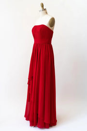Cascade Skirt Red Chiffon Long Strapless Bridesmaid Dress -