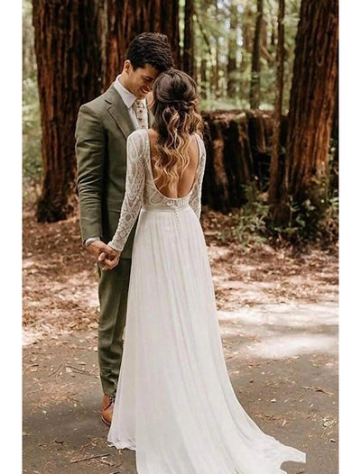 Robe de mariée trapèze à manches longues, dos nu, bateau, balayage en dentelle, 2024