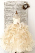 Champagne Broderie Dentelle Tulle Trou De Serrure Retour Robe De Fille De Fleur De Mariage