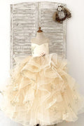 Champagner-Stickerei-Spitze-Tüll-Schlüsselloch-Rücken-Blumenmädchen-Hochzeitskleid