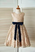 シャンパン ゴールド スパンコール ウェディング フラワー ガール ドレス、ベルト