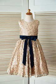 Champagne Gold Sequin Wedding Flower Girl Dress with Navy 