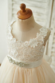 Champagne Lace Tulle Deep V Back Wedding Party Flower Girl 