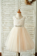 Champagne Lace Tulle Deep V Back Wedding Party Flower Girl Dress, Belt