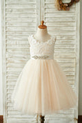 Платье из тюля цвета шампанского с глубоким V-образным вырезом на спине для свадебной вечеринки, платье с поясом