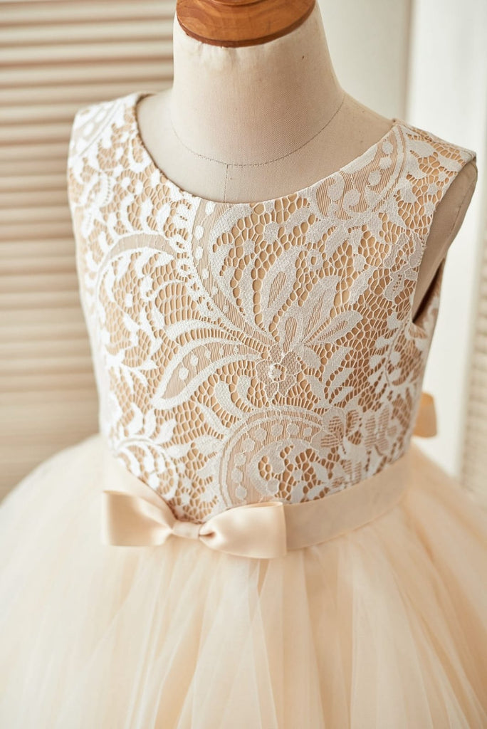 Champagne Lace Tulle Wedding Flower Girl Dress with Uneven 