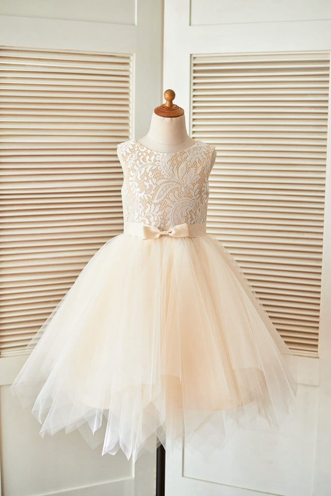 Vestido de festa de casamento princesa champanhe renda tule decote em -  Princessly