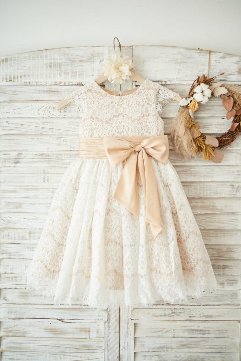 Champagne Satin Ivory Lace Sheer Back Wedding Flower Girl Dress main image 0