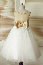 Champagne Satin Ivory Tulle Wedding Flower Girl Dress with 