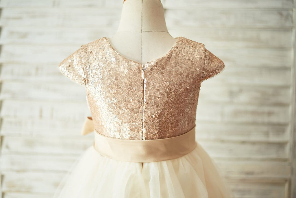 Champagne Sequin Tulle Flower Girl Dress with Cap Sleeves