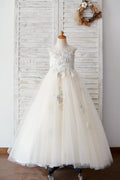 Платье из тюля цвета шампанского с бисером и V-образным вырезом на спине для свадебного платья для девочек-цветочниц