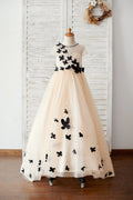Vestido de niña de las flores de boda con mangas casquillo de tul champán, mariposas negras