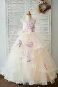 Champagne tul correas espaguetis perlas bordado boda vestido de niña de las flores