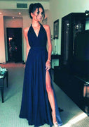 Chiffon A-line Halter V Neck Sweep Train Slit Long Wedding Party Bridesmaid Dress