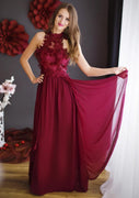 Chiffon A-Line mangas alta pescoço Overskirt vinho vermelho longo Prom vestido, Lace