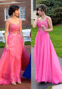 Chiffon Long A-Line Sleeveless Bateau Prom Party Evening Dress, Lace