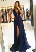 Chiffon Prom Dress Navy Sleeveless A-Line Plunging Scoop Sweep Slit, Lace
