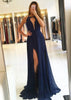 Chiffon Prom Vestido Marinha mangas A-Line mergulho Scoop Sweep Slit, Lace
