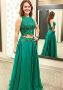 Chiffon Prom abito smeraldo verde pizzo A-Line senza maniche a due pezzi