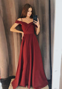 Cold Shoulder Surplice Floor Length Burgundy Satin A-line Evening Gown
