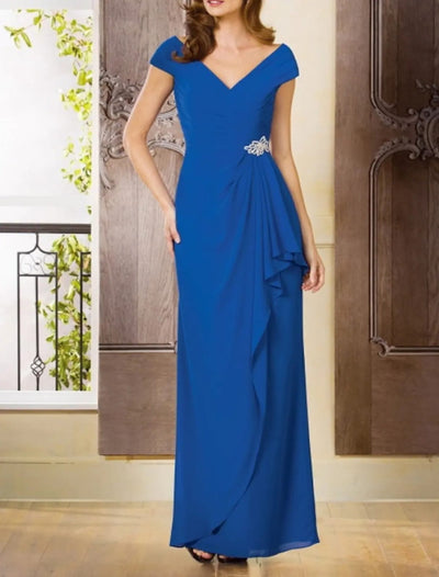 Column V Neck Ruffles Draping Floor Length Chiffon Mother of