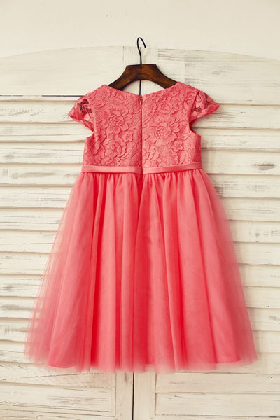 Coral Lace Tulle Cap Sleeve Flower Girl Dress
