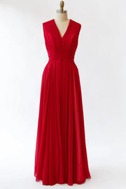 Crinkle V Neck Sleeveless Pleated Red Chiffon Long