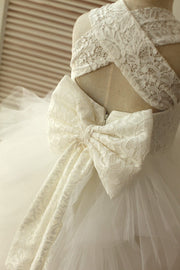 Princess Cross Back Ivory Lace Ruffle Tulle Skirt Flower 